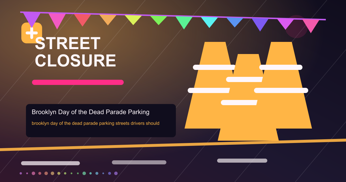 Illustration of Brooklyn Day of the Dead Parade Parking: Driver Guide, with cones and temporary restrictions.