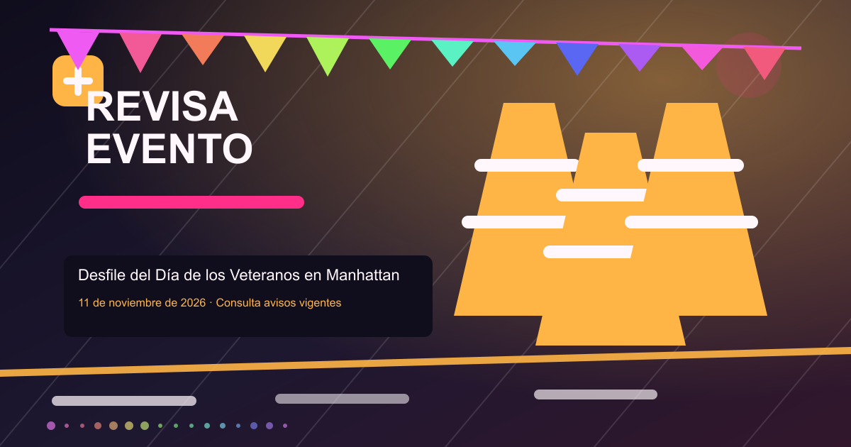 Ilustración de Desfile del Día de los Veteranos en Manhattan: qué verificar antes del 11 de noviembre, con conos y restricciones temporales.