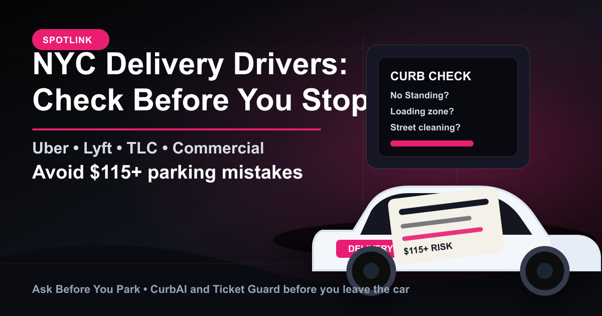 NYC delivery driver parking guide graphic with Uber, Lyft, TLC, commercial, and $115+ ticket-risk text.
