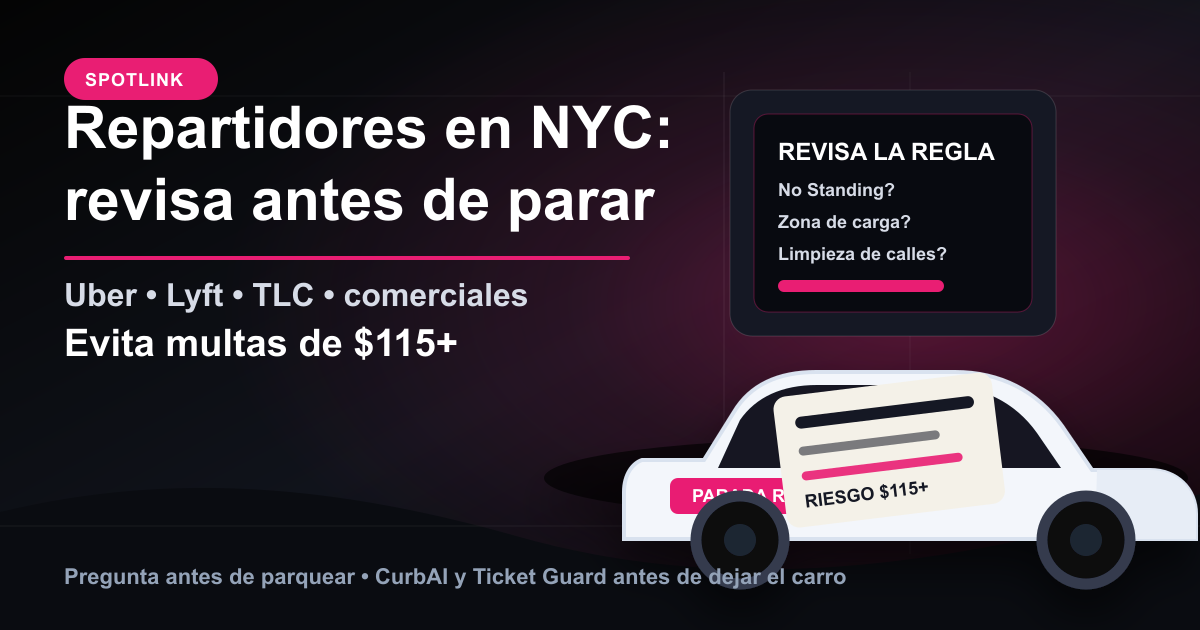 Gráfico en español para repartidores en NYC con Uber, Lyft, TLC, comerciales y multas de $115+.