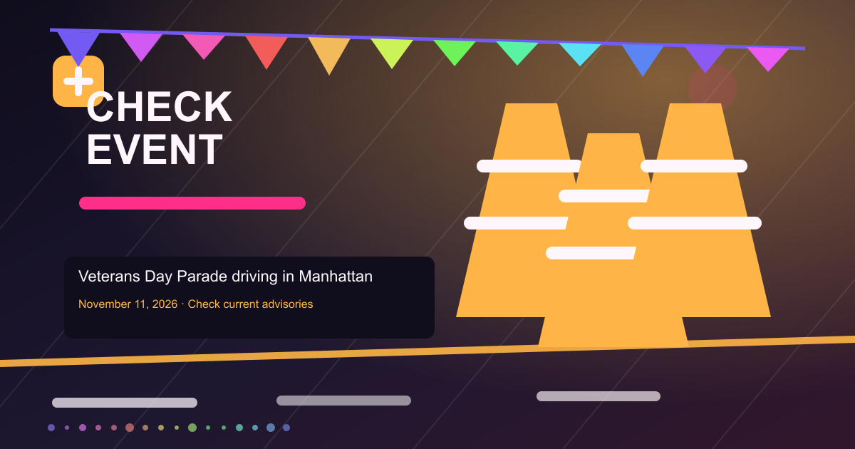 Illustration of Veterans Day Parade driving in Manhattan: what to verify before November 11, with cones and temporary restrictions.