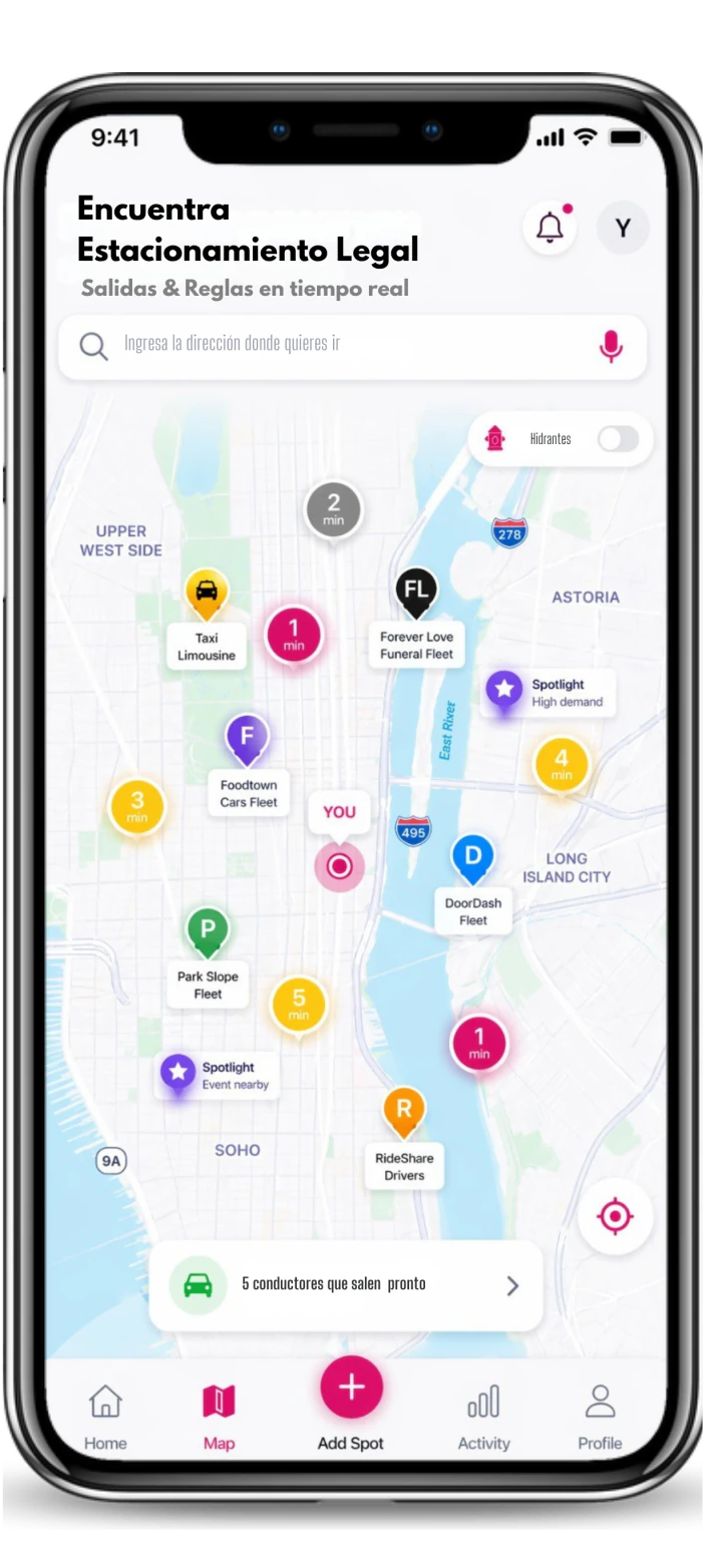 Mapa de Spotlink con avisos de salida reportados por conductores en NYC