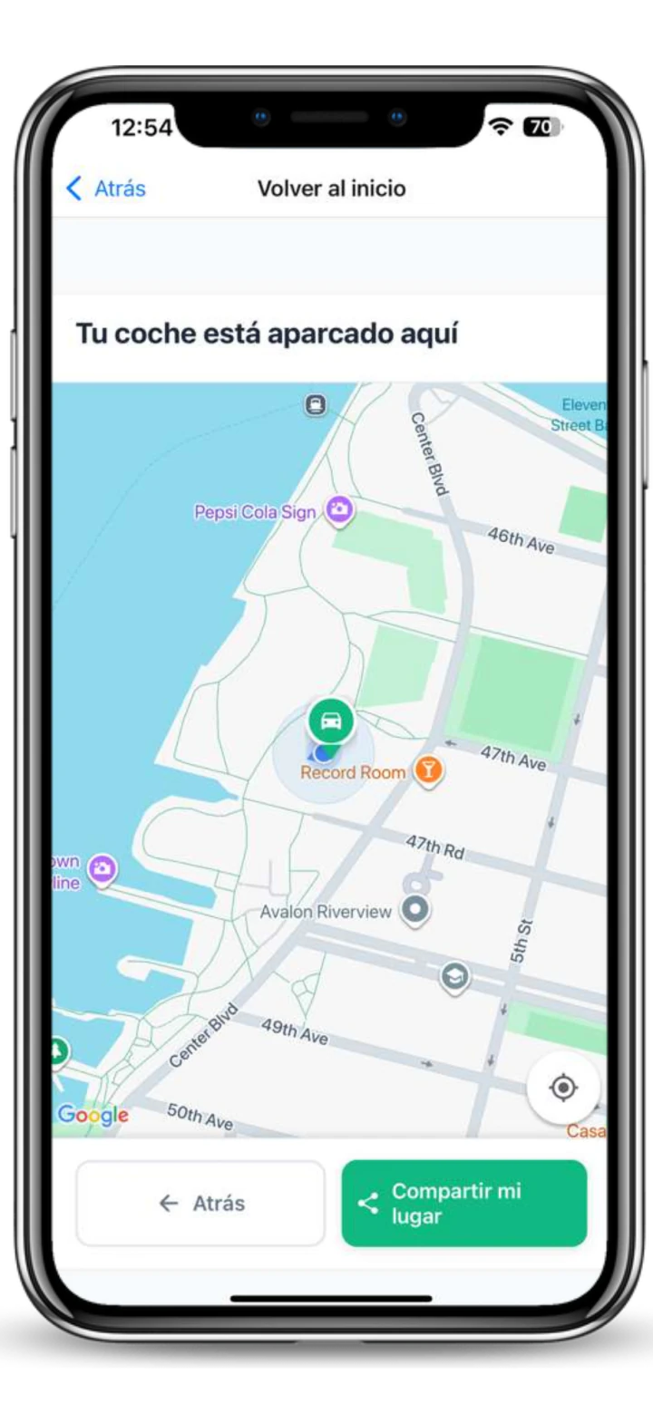 Pantalla de Spotlink con la ubicación guardada del carro