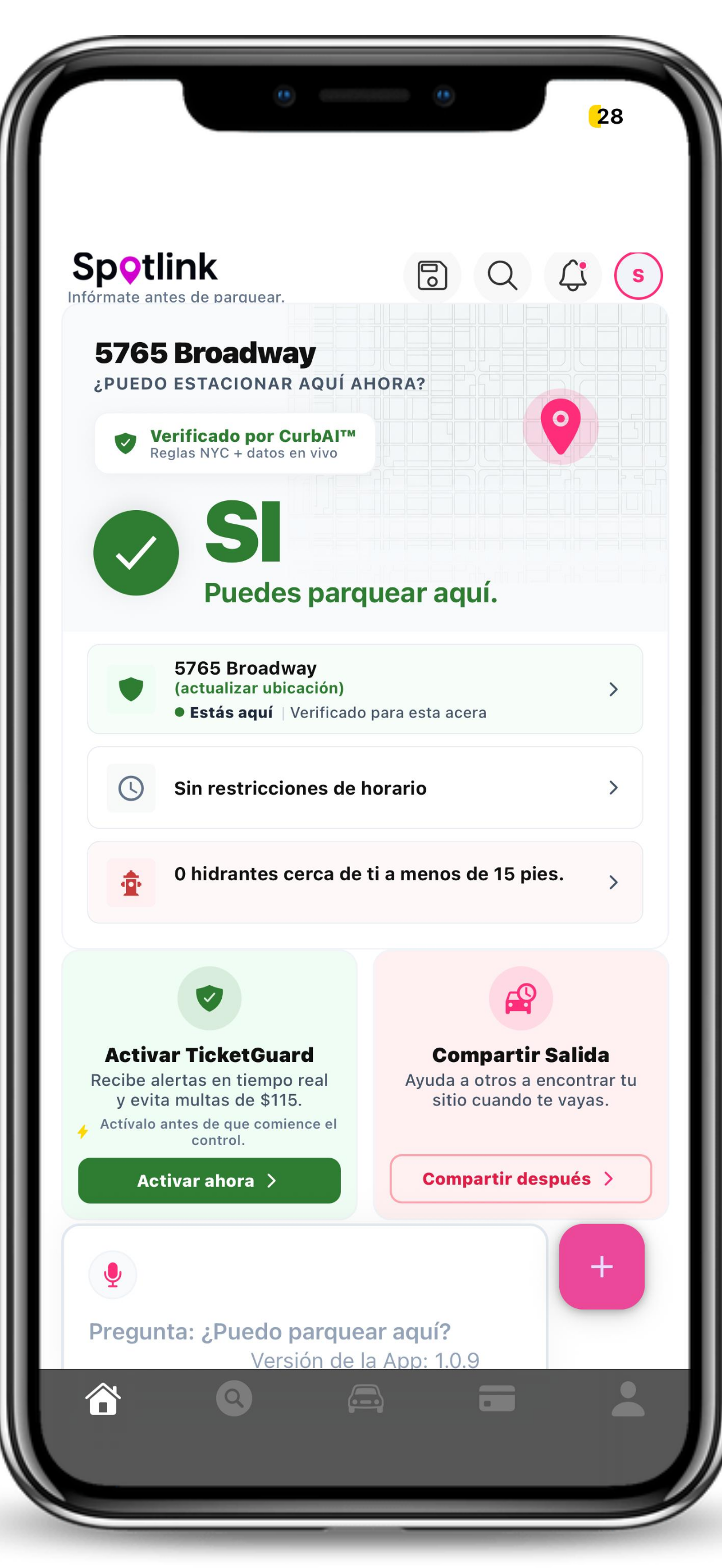 Pantalla de CurbAI mostrando reglas de estacionamiento