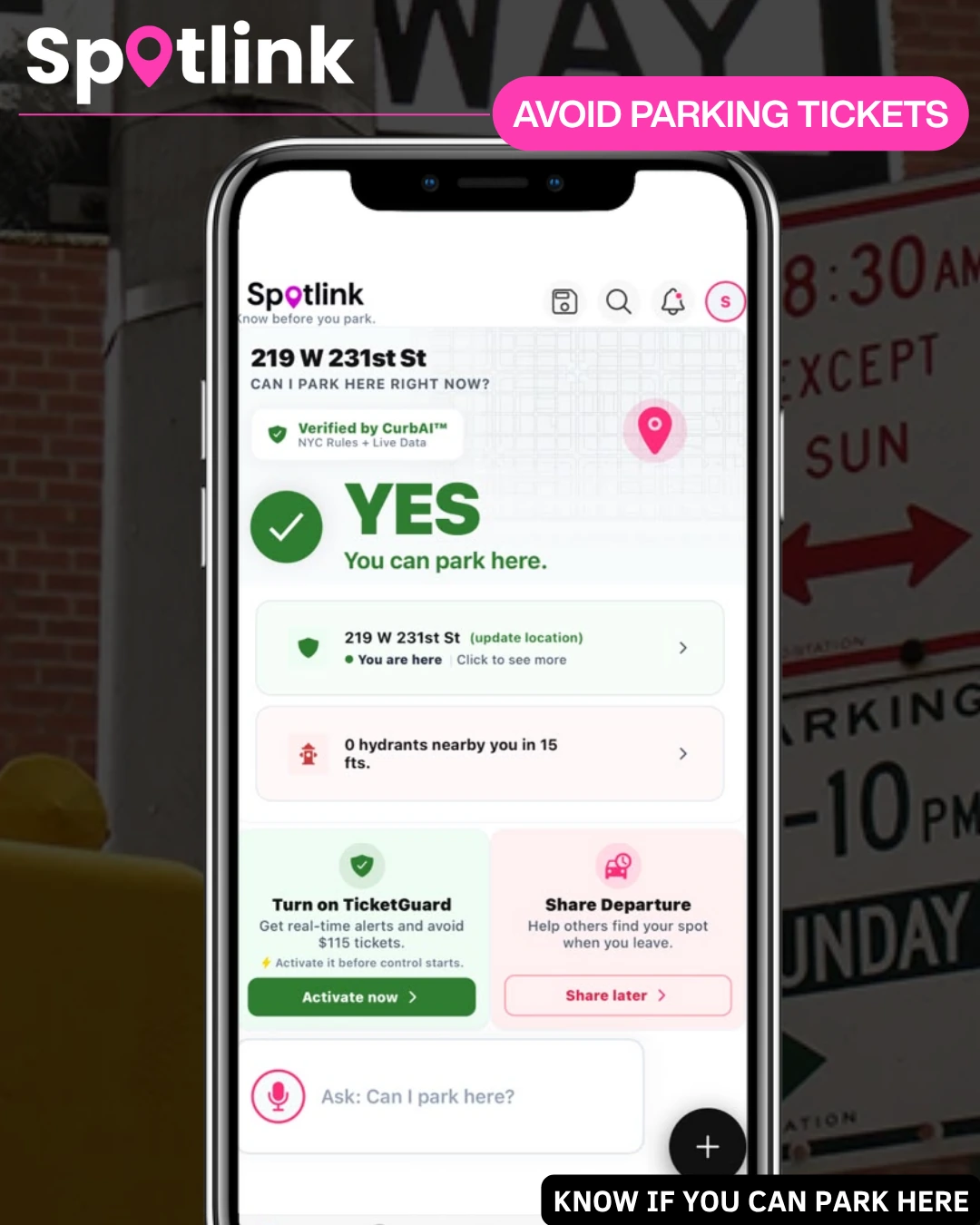 CurbAI parking decision screen showing a YES answer and parking context