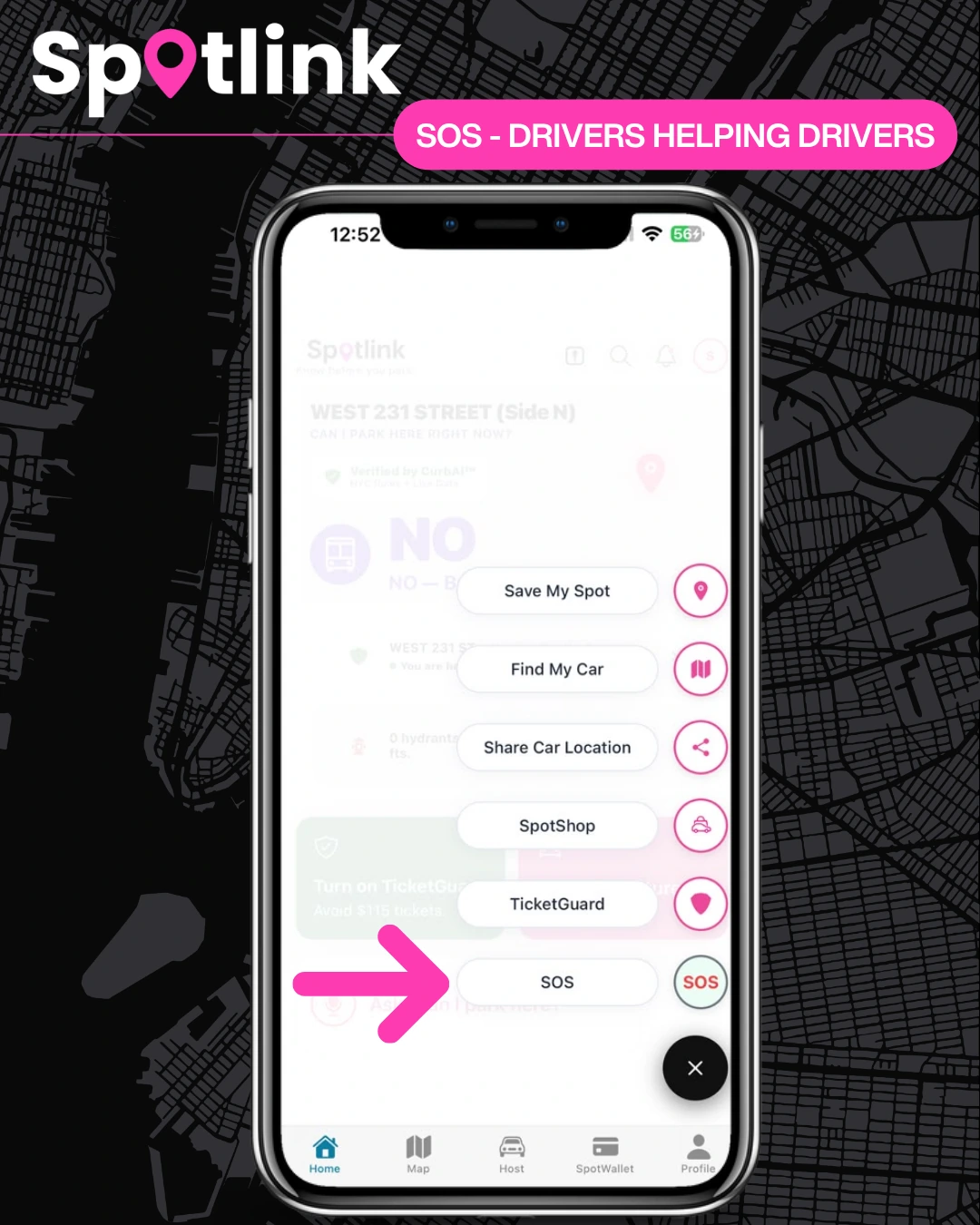 Spotlink quick-action menu with SOS highlighted