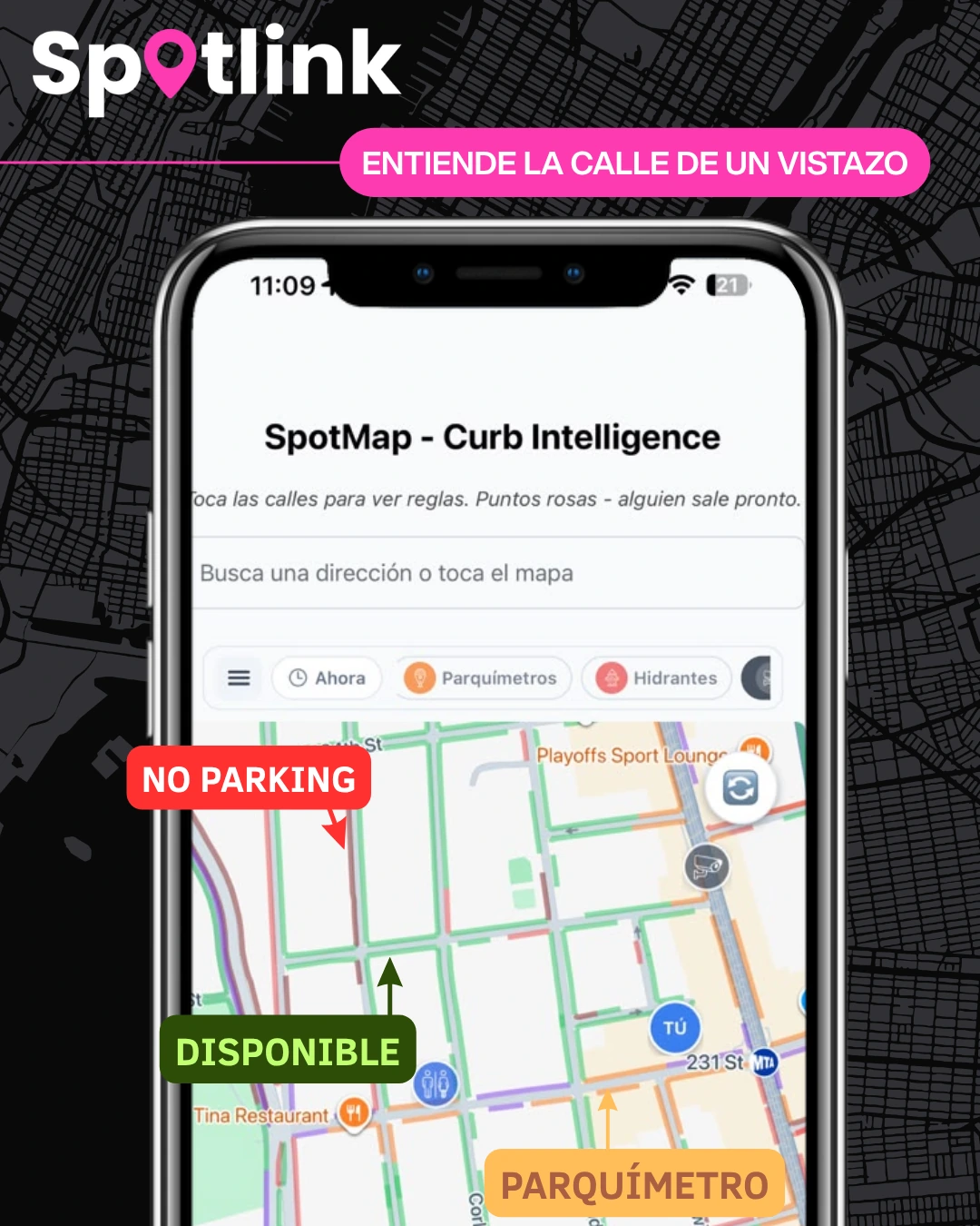 Contexto de estacionamiento por colores en la vista 2D de SpotMap