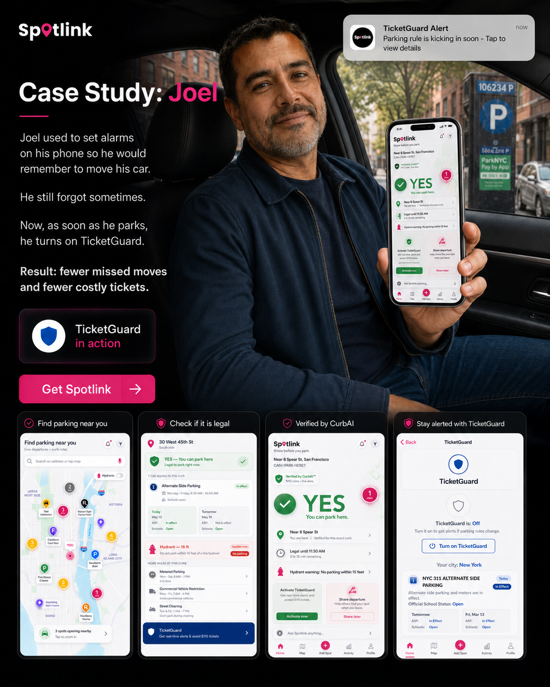 Joel using Spotlink TicketGuard after parking