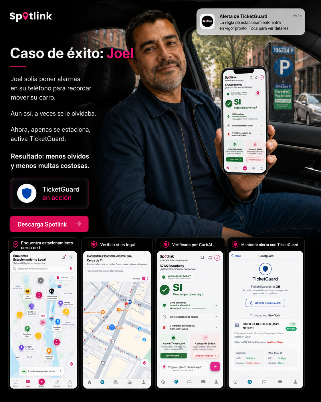 Joel usando Spotlink TicketGuard después de estacionar