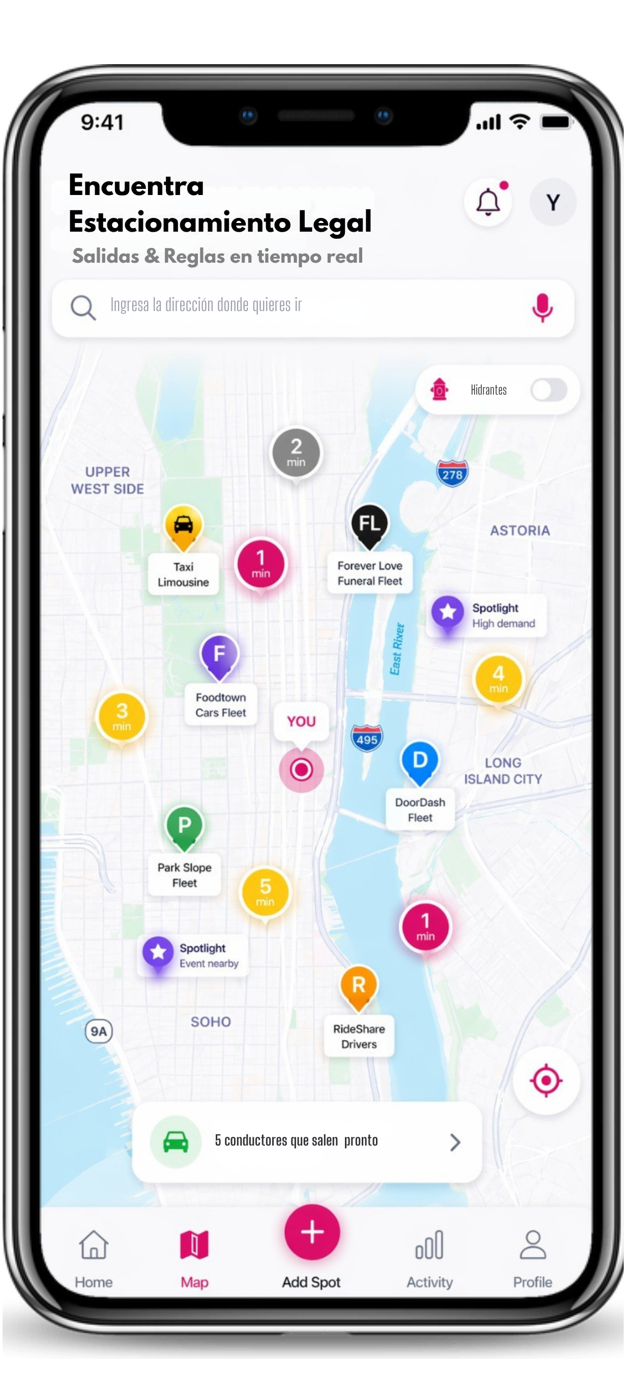 Mapa de Spotlink mostrando salidas de estacionamiento en vivo