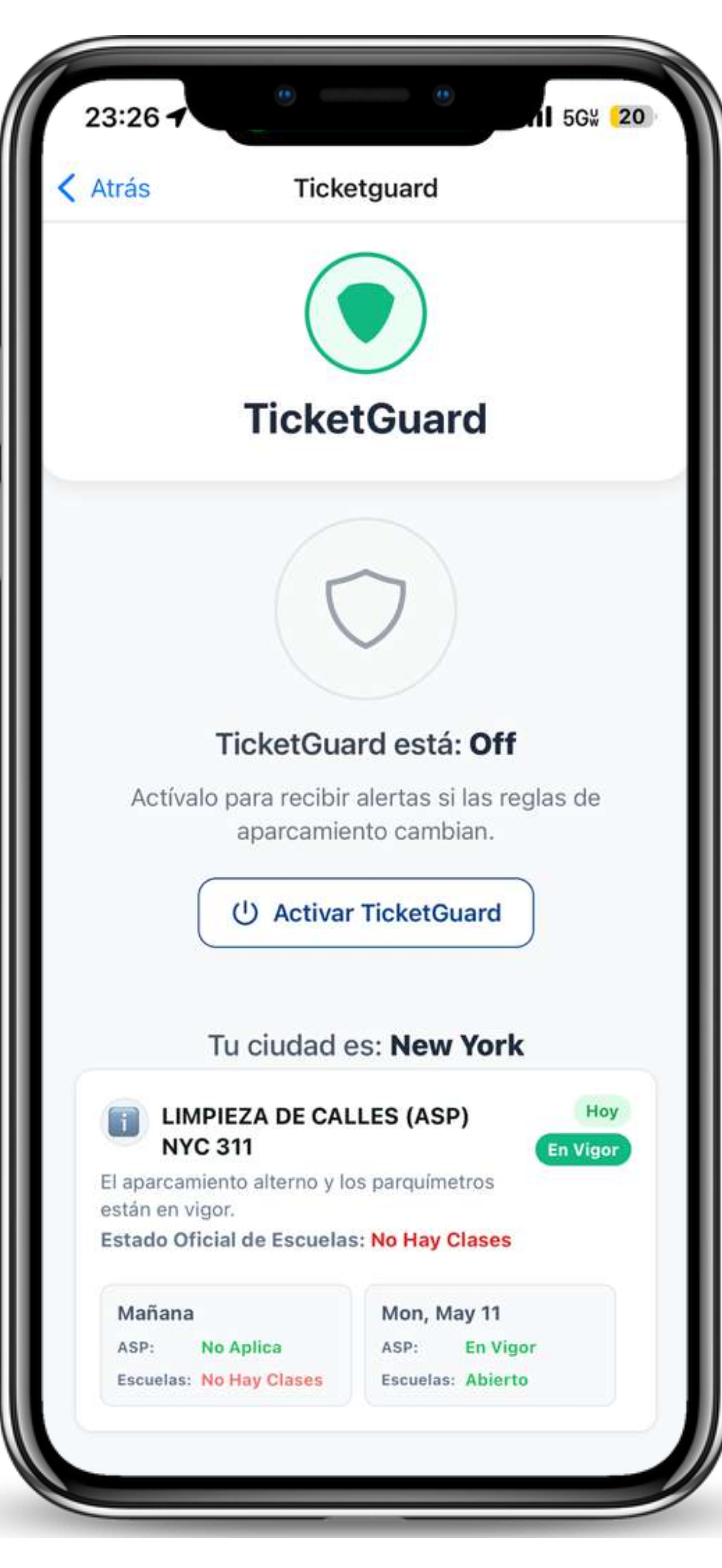 Spotlink TicketGuard mostrando alerta de reglas de parqueo