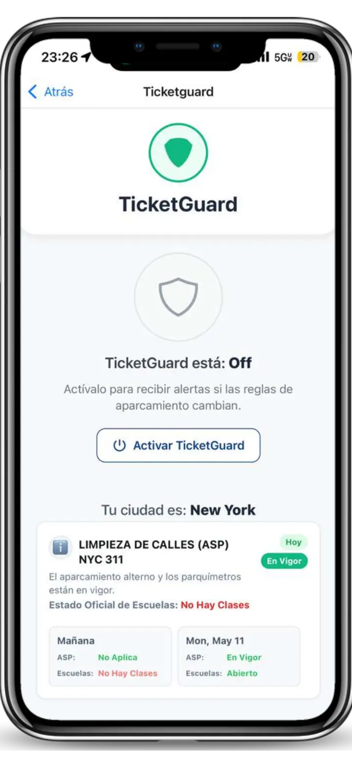 Pantalla actual de Spotlink TicketGuard con controles de alertas y estado de estacionamiento