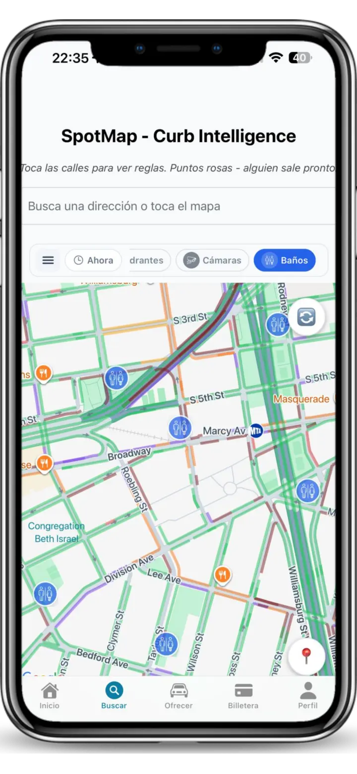 Mapa actual de Spotlink mostrando baños públicos cercanos en NYC