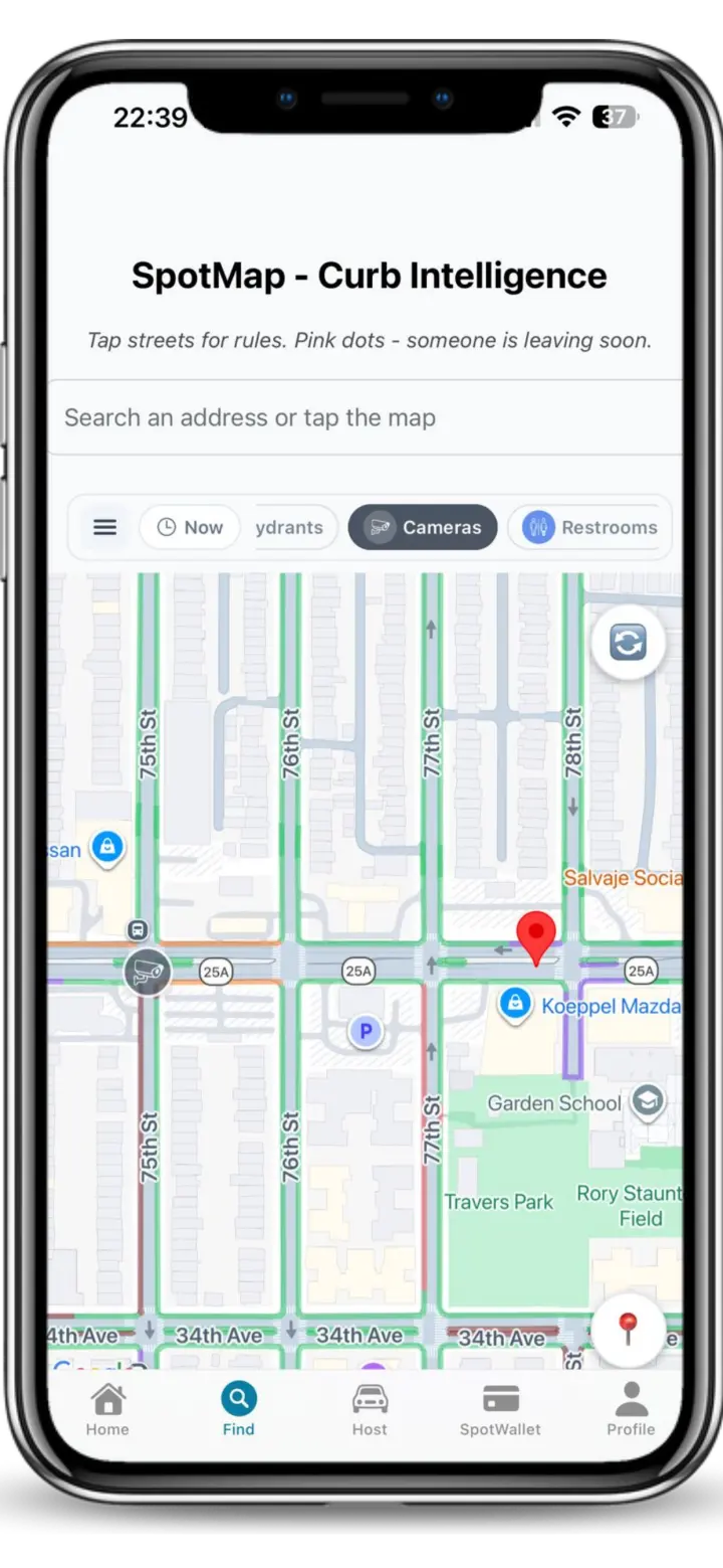 Current Spotlink map with the Cameras layer active and a nearby speed-camera marker