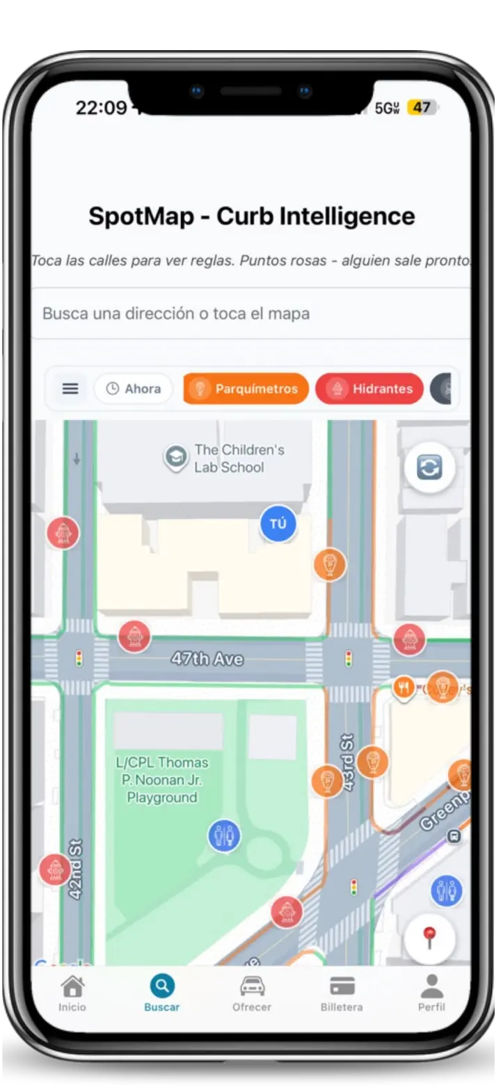 Pantalla completa y actual de CurbAI con restricciones y contexto cercano