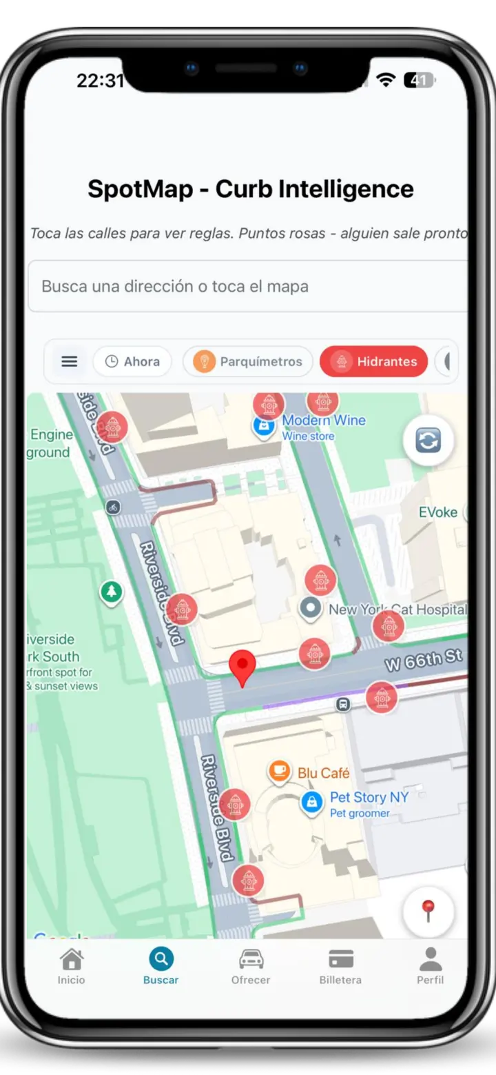 Mapa actual de Spotlink mostrando hidrantes cercanos
