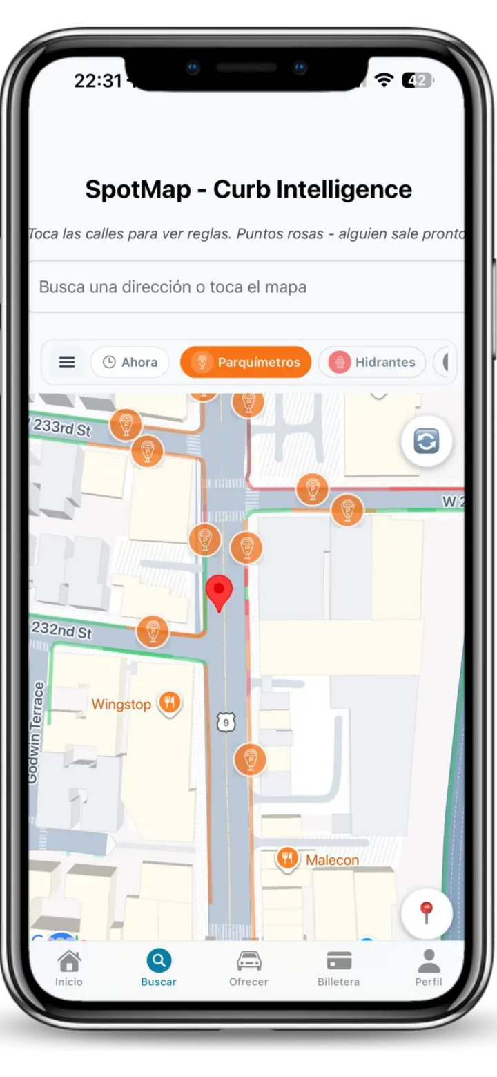 Mapa actual de Spotlink mostrando parquímetros cercanos
