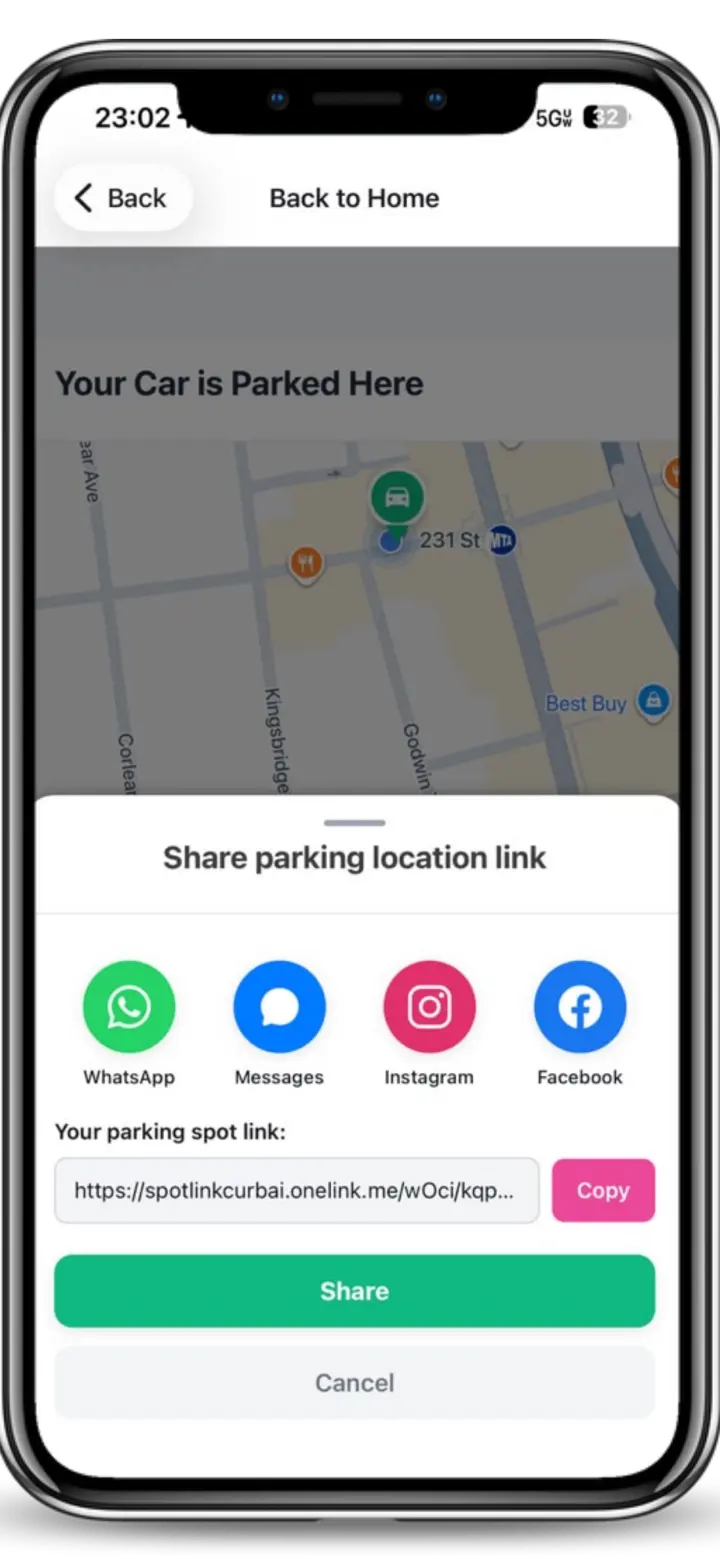 Current Spotlink Share Location menu for privately sending a parked-car location