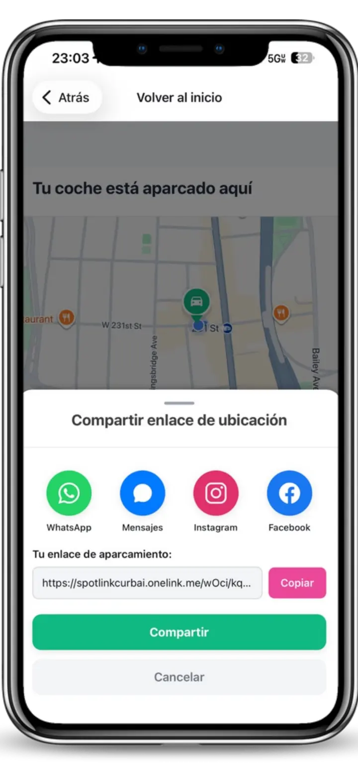 Menú actual de Spotlink para compartir en privado la ubicación del carro